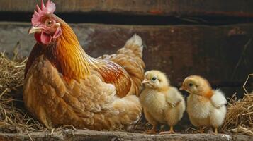 ai generado madre gallina con polluelos en rústico granero foto