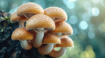 AI generated Close up beautiful bunch mushrooms color light in the tree background texture. Macro Photography View photo