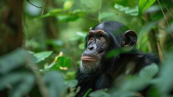 ai generado chimpancé en el bosque. chimpance en el protegido kibale bosque foto