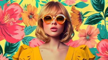 AI generated 60s fashion blonde woman wearing trendy sunglasses. Summer collage photo