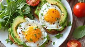 AI generated A plate of food with avocado and eggs. Perfect for a healthy and delicious breakfast option photo