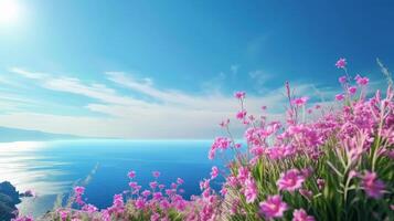 AI generated Beautiful landscape of Santorini with blue sky and pink flowers photo