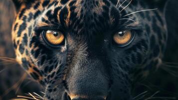 AI generated A detailed view of a black leopard's face. This image can be used to showcase the stunning beauty and unique features of this majestic big cat photo