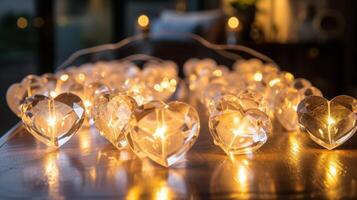 AI generated A group of crystal heart-shaped lights on a table. Perfect for adding a romantic touch to any setting photo