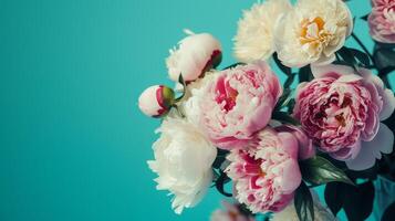 AI generated Beautiful peonies flowers arrangement on turquoise blue background photo