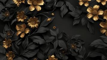 AI generated Beautiful golden flowers with black leaves isolated on a dark black background. Creative mystery concept. photo