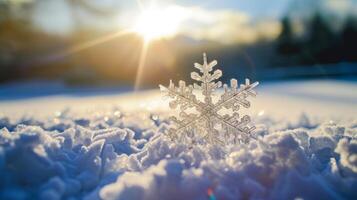 AI generated A close-up view of a snowflake resting on the snow-covered ground. photo