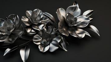 AI generated Beautiful silver flowers with black leaves isolated on a dark black background. photo