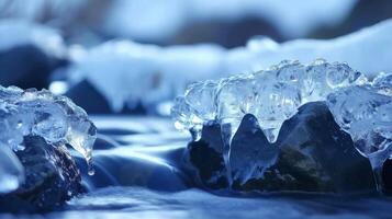 ai generado un corriente de agua con hielo formaciones en el rocas foto