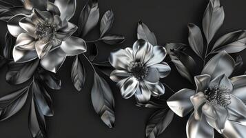 AI generated Beautiful silver flowers with black leaves isolated on a dark black background. photo