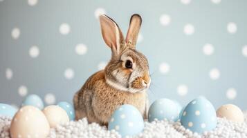 ai generado un Conejo sentado entre azul y blanco Pascua de Resurrección huevos. Perfecto para con tema de Pascua proyectos foto