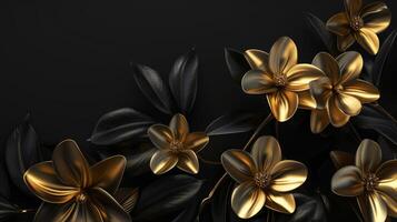 AI generated Beautiful golden flowers with black leaves isolated on a dark black background. Creative mystery concept. photo