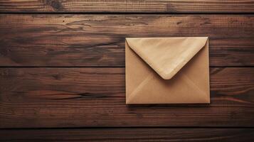 AI generated A brown envelope sitting on top of a wooden table. Suitable for business, office, or communication concepts photo