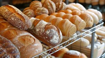 AI generated A rack filled with a variety of breads. Perfect for bakeries, grocery stores, or food-related designs photo