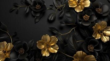 ai generado hermosa dorado flores con negro hojas aislado en un oscuro negro antecedentes. creativo misterio concepto. foto