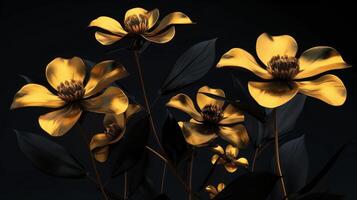 AI generated Beautiful golden flowers with black leaves isolated on a dark black background. Creative mystery concept. photo