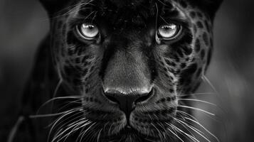 AI generated A detailed view of a black leopard's face. This image can be used to showcase the stunning beauty and unique features of this majestic big cat photo