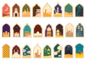 arco ventana mezquita musulmán edificio íconos conjunto dibujos animados vector. islámico forma vector
