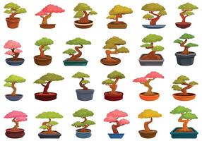 bonsai árbol íconos conjunto dibujos animados vector. Japón maceta planta vector