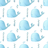 watercolor cute whale seamless pattern. kids room wallpaper in soft pastel blue tones. hand drawn children s background in marine theme for fabrics print, baby s textile, wrapping paper png