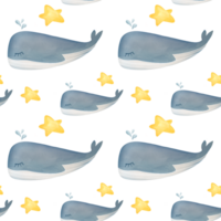 watercolor cute whale seamless pattern. kids room wallpaper. concept of dreams, tenderness, good night, starry sky and fabulous animals. background for fabrics print, baby s textile, wrapping paper png