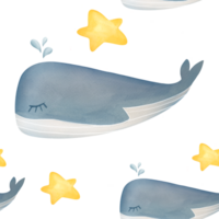 watercolor cute whale seamless pattern. kids room wallpaper. concept of dreams, tenderness, good night, starry sky and fabulous animals. background for fabrics print, baby s textile, wrapping paper png