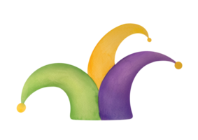 jester's hat in yellow, purple, green colors for Mardi Gras holiday. watercolor festive illustration isolated on transparent background. clip art and cut out fancy dress element png