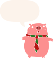 cartoon pig wearing office tie and speech bubble in retro style png