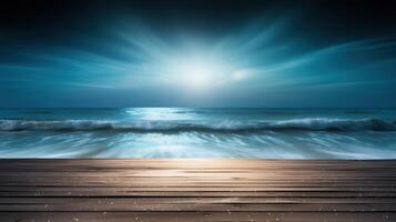AI generated Sunlit Ocean Waves View from Wooden Pier photo