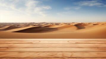 AI generated Endless Desert Dunes at Sunrise with Wooden Foreground photo