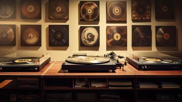 AI generated Vintage Turntables and Vinyl Record Collection photo