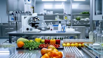 ai generado nutricional análisis en comida Ciencias investigación laboratorio foto