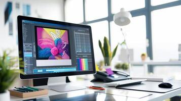 AI generated Graphic Design Workspace with Colorful Illustration photo