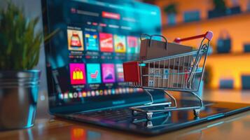 AI generated E-commerce Platform with Shopping Cart on Laptop photo
