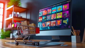 AI generated Desktop Online Shopping with Colorful Bags photo
