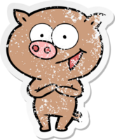 distressed sticker of a cheerful pig cartoon png