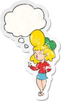 cartoon woman with big hair and thought bubble as a distressed worn sticker png