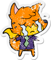 distressed sticker of a crying business fox cartoon png