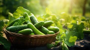 AI generated Fresh Cucumbers in Rustic Wicker Basket photo