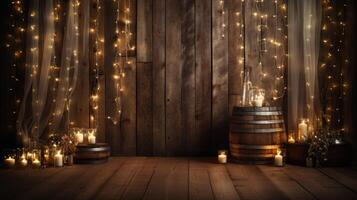 AI generated Rustic Elegance with Candlelight and Fairy Lights photo