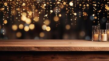 AI generated Rustic Wooden Backdrop with Fairy Lights photo