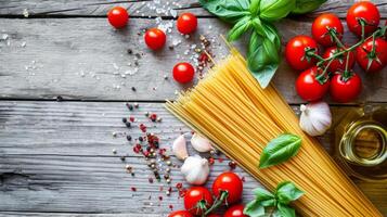 AI generated Raw Spaghetti with Fresh Tomatoes and Basil on Rustic Wood photo