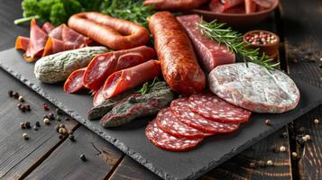 AI generated Variety of Cured Meats and Sausages on Wooden Background photo