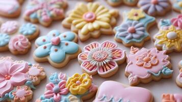 ai generado vistoso y intrincadamente decorado galletas arreglado en un mesa. foto