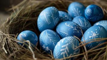 AI generated Blue painted Easter eggs are neatly arranged in a nest. Perfect for Easter-themed designs and decorations photo