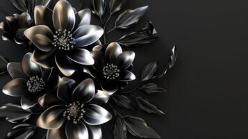 AI generated Beautiful silver flowers with black leaves isolated on a dark black background. photo