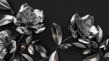 AI generated Beautiful silver flowers with black leaves isolated on a dark black background. photo