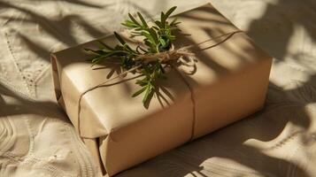 AI generated Eco-friendly gift wrapped in kraft paper decorated with sprig of greenery photo