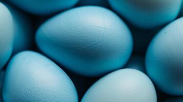 AI generated Blue painted Easter eggs are neatly arranged in a nest. Perfect for Easter-themed designs and decorations photo