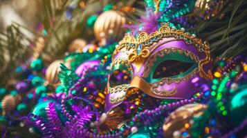 AI generated Colorful Mardi Gras beads and mask on festive carnival background photo